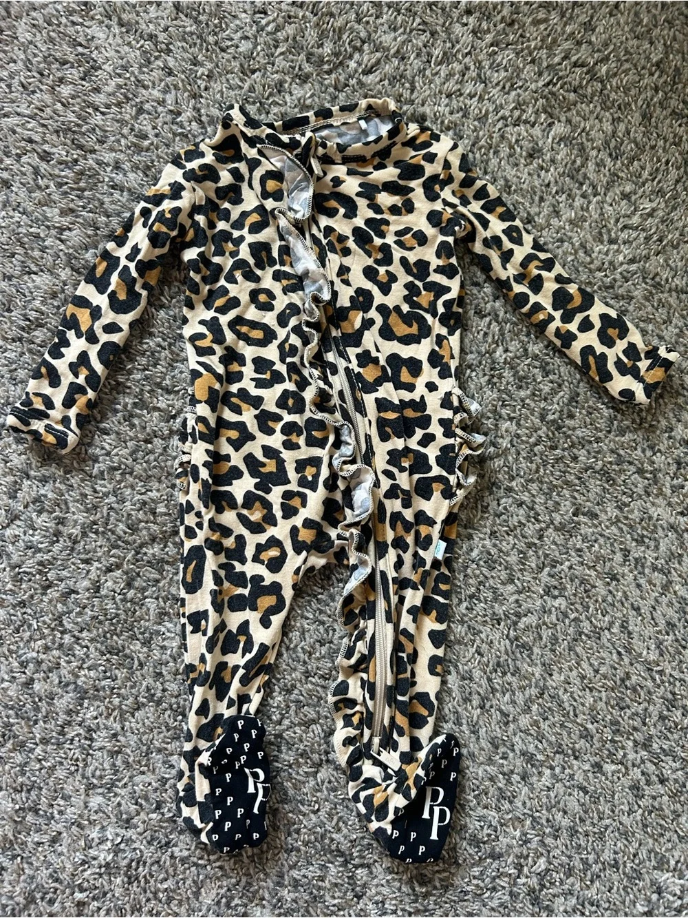 Posh Peanut Leopard Print Ruffle Footed Pajamas - Cream, Brown, Black